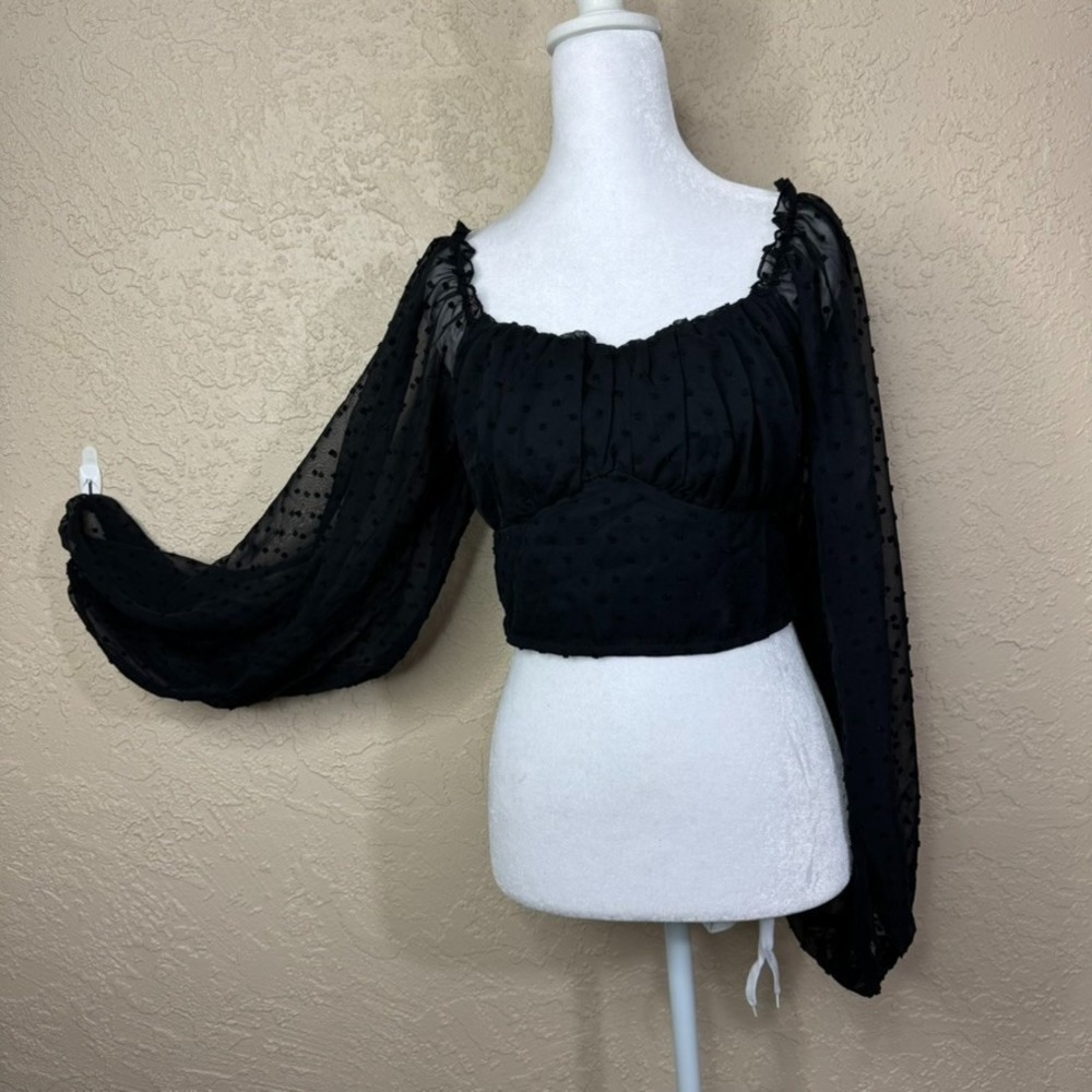 Women's Cropped Baby Doll Whimsigoth Top Black Size S Sheer Dot Balloon Sleeves - Picture 12 of 12